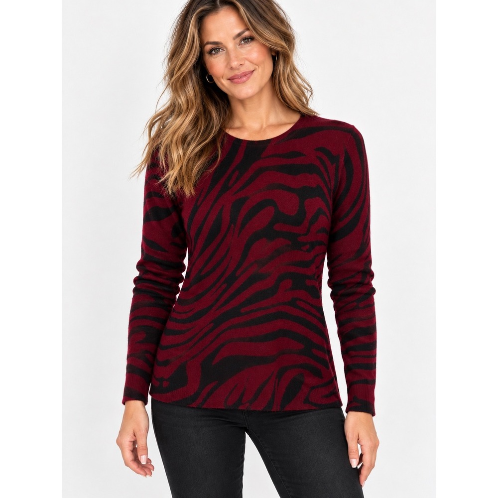 Charter Club Luxe 100% Cashmere Sweater L Burgundy Red Black Zebra Animal Print